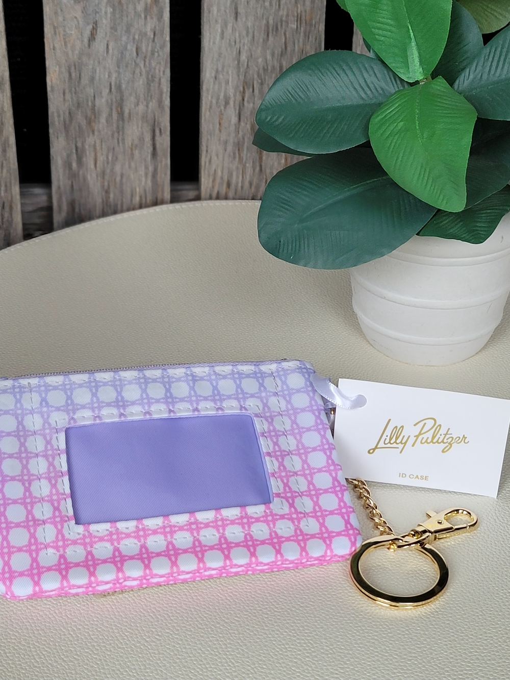 Lilly Pulitzer Pink & Lavender Lattice Print Nylon ID Case with Gold Key Ring